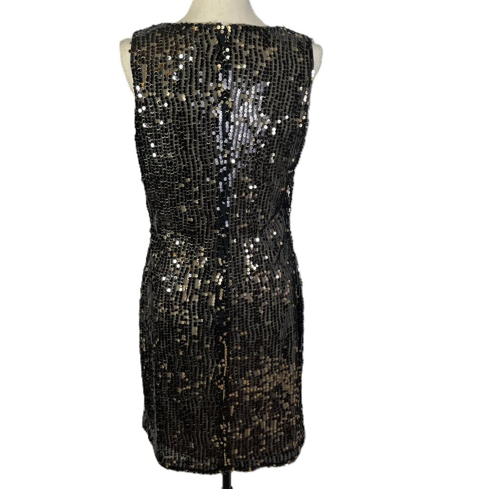Lauren Ralph Sequins Evening Cocktail Dress Sleeveless Black Tan Gold Size 8 - Picture 4 of 16